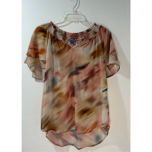 Democracy women’s multi color short sleeve top elastic neckline size S #42-1048 - Picture 1 of 6
